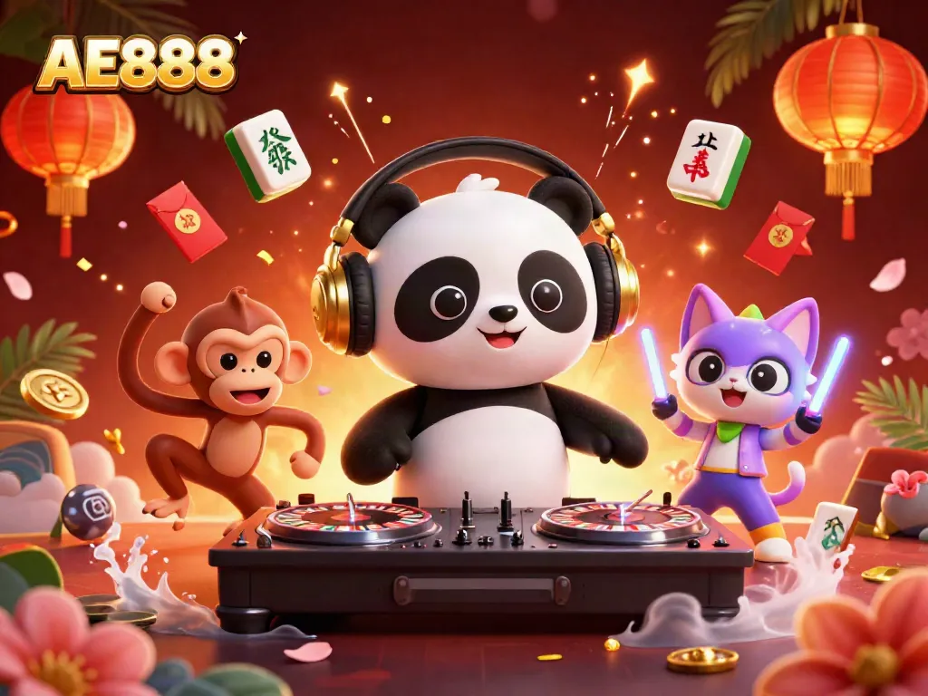 Engage with AE888's vibrant casino experience featuring lively characters and dynamic gaming elements.