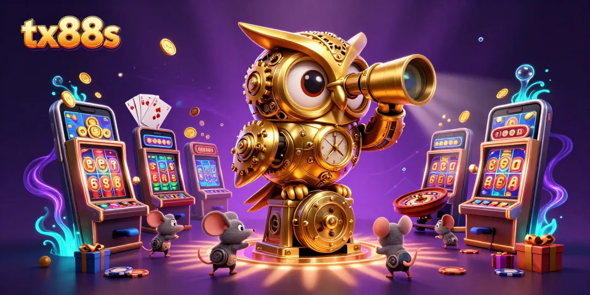 Witness the excitement at tx88s with our golden owl scanning the casino floor amidst vibrant slot games.