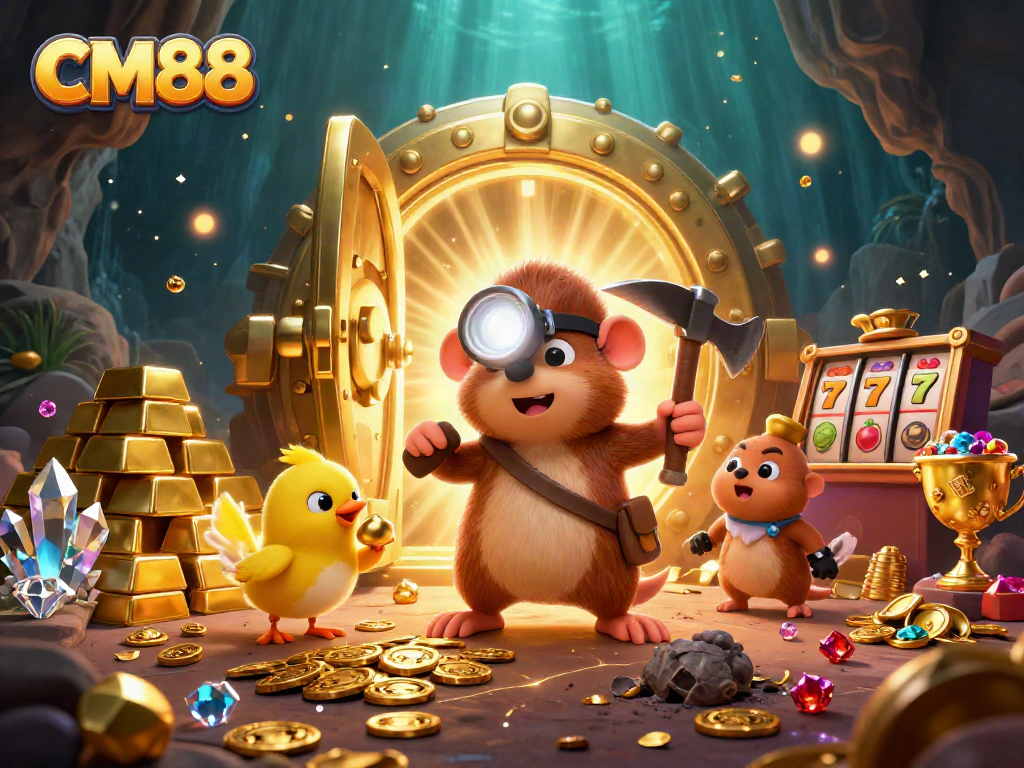 Engage with CM88 and vibrant slot reels in a treasure-filled casino adventure scene.