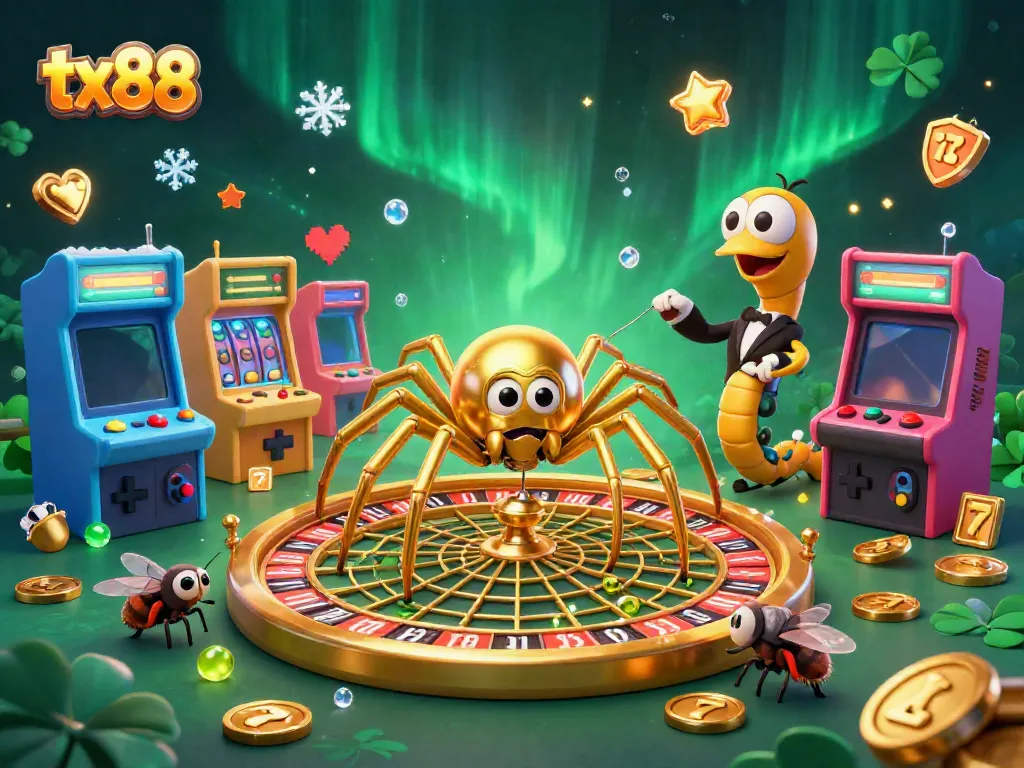 Experience casino thrills with TX88, featuring a vibrant 3D scene of a spider roulette game.