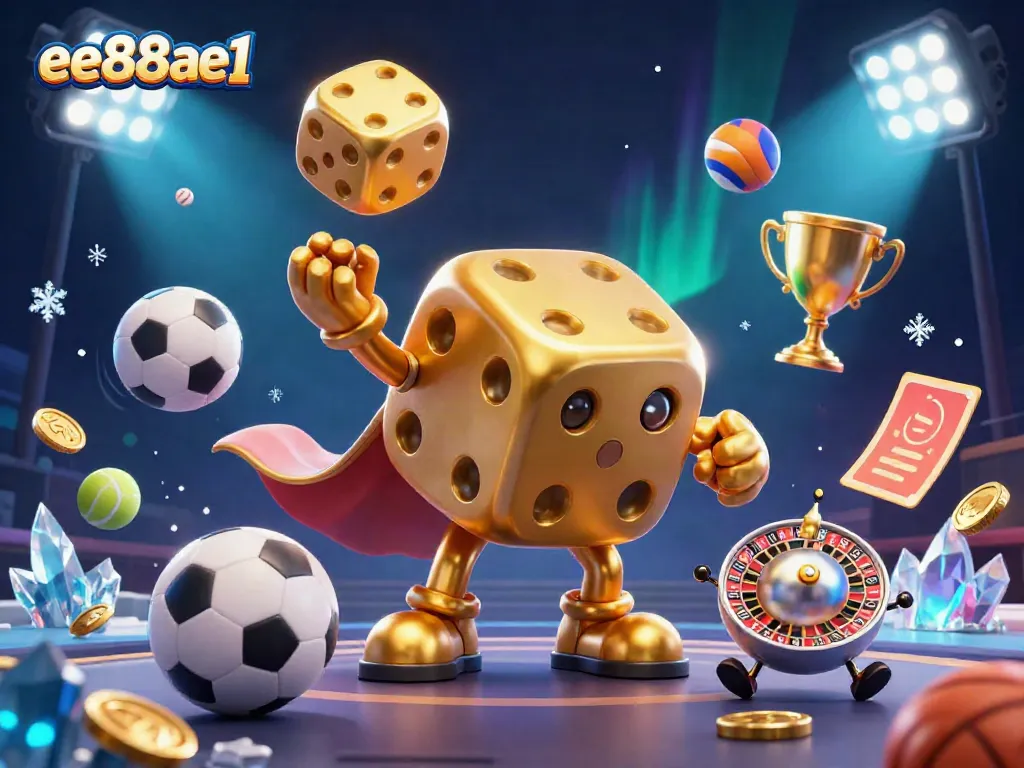 Engage with the exciting gaming world of ee88ae1 depicted through a dynamic 3D illustration featuring a golden dice golem juggling dice.