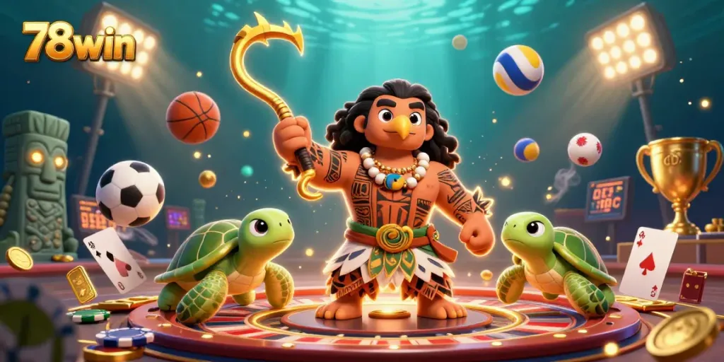 Experience the thrilling casino action of 78win with a vibrant 3D scene featuring a demigod, turtle, and casino elements.