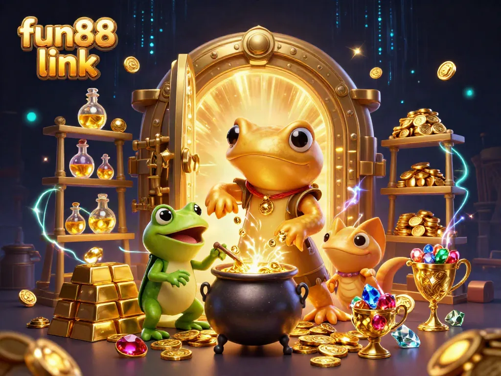 Experience the excitement of fun88 link in this vibrant 3D casino scene with alchemists and treasure elements.