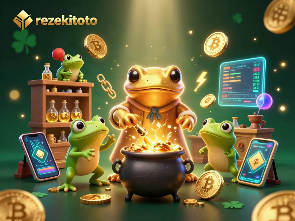 Experience rezekitoto with a vibrant 3D illustration of alchemists transforming metals into gold amidst a casino backdrop.