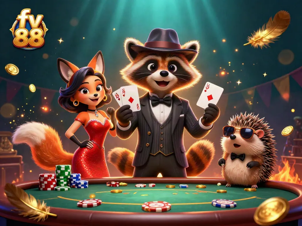 Engage with thrilling poker action at fv 88 featuring a raccoon and friends in a vibrant scene.