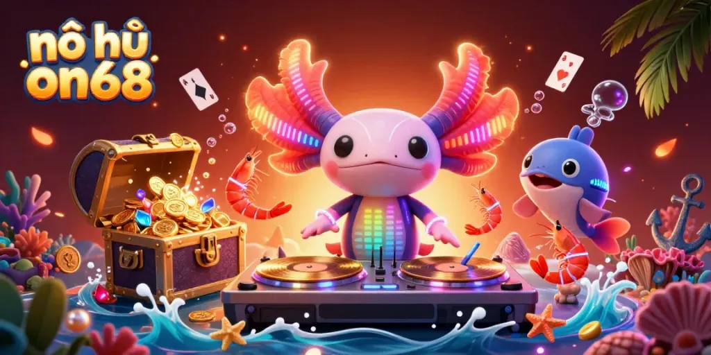 Experience the vibrant world of nổ hũ on68 with a thrilling underwater casino scene featuring a DJ axolotl.