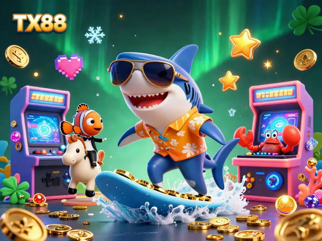 Engage with TX88's thrilling gold coin surfing scene featuring action-packed characters in a vibrant casino world.