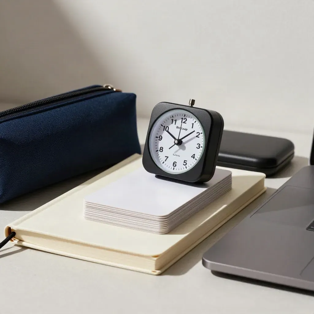 Zestaw do nauki przed egzaminem: timer, fiszki, etui, notes i zamknięty laptop na jasnym tynku.