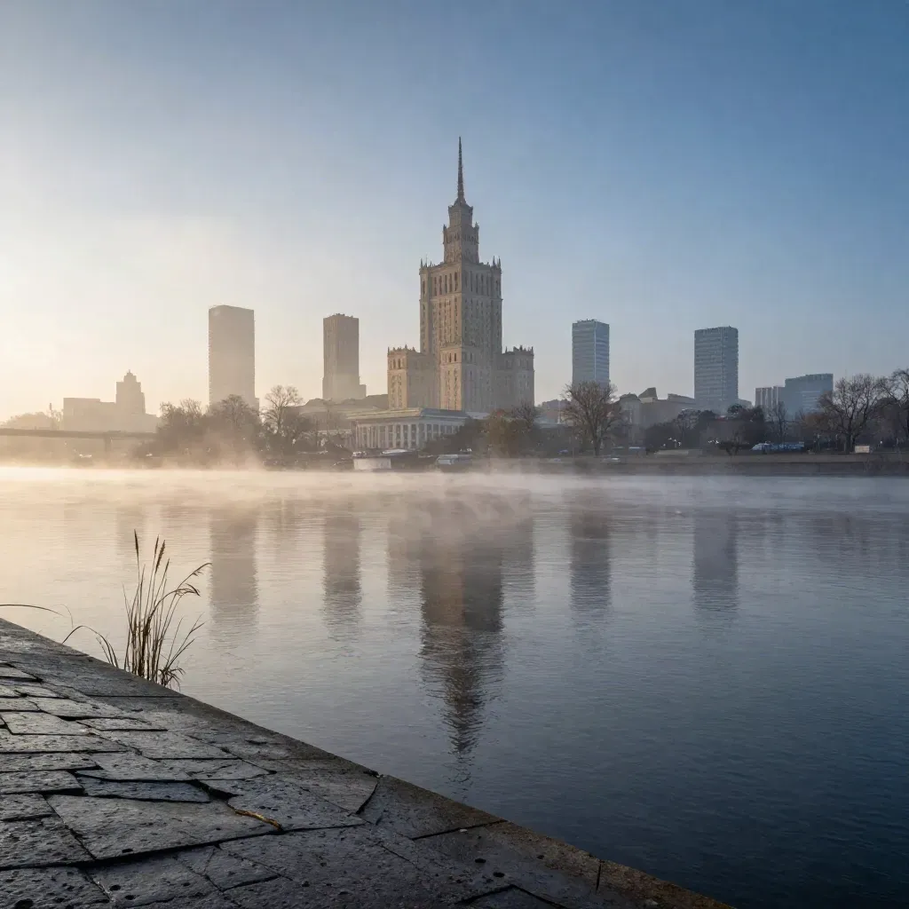 Warszawska panorama o świcie nad mglistą Wisłą, z wieżami wysoko w kadrze