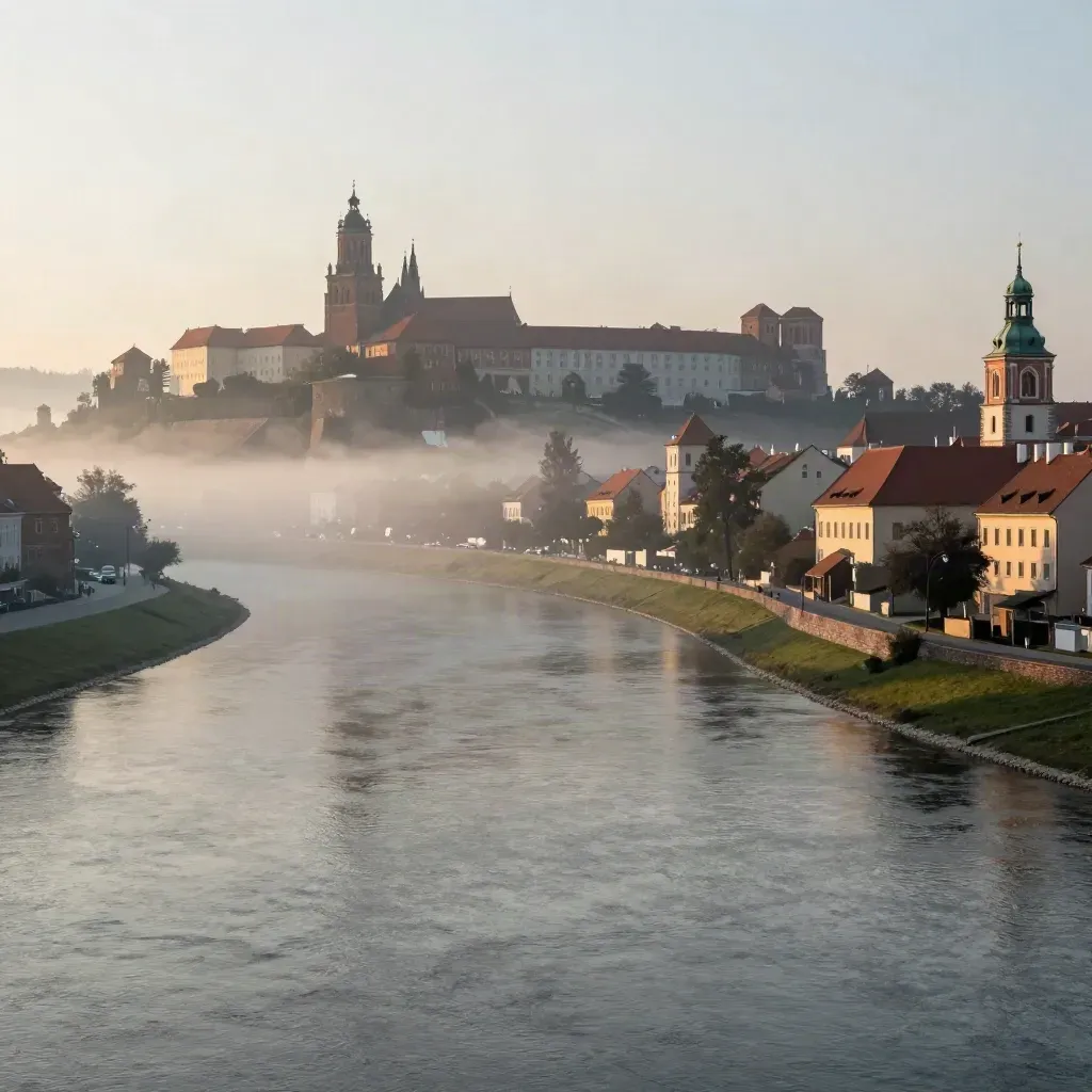 Poranny Kraków z Wawelem i wieżami nad mglistą Wisłą.