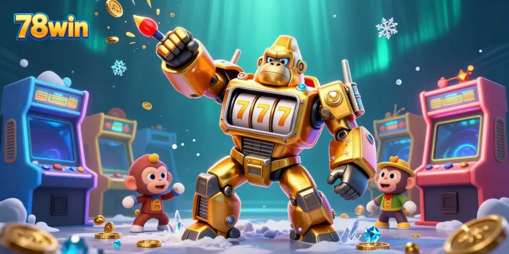 Experience thrilling action with 78win as a golden mech gorilla bursts with coins in this gamer's paradise.