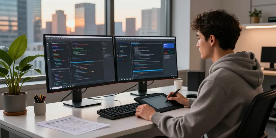 Engaging juicy ai chat design setup with a developer coding in a modern workspace, showcasing dual monitors, UI notes, and ambient lighting.