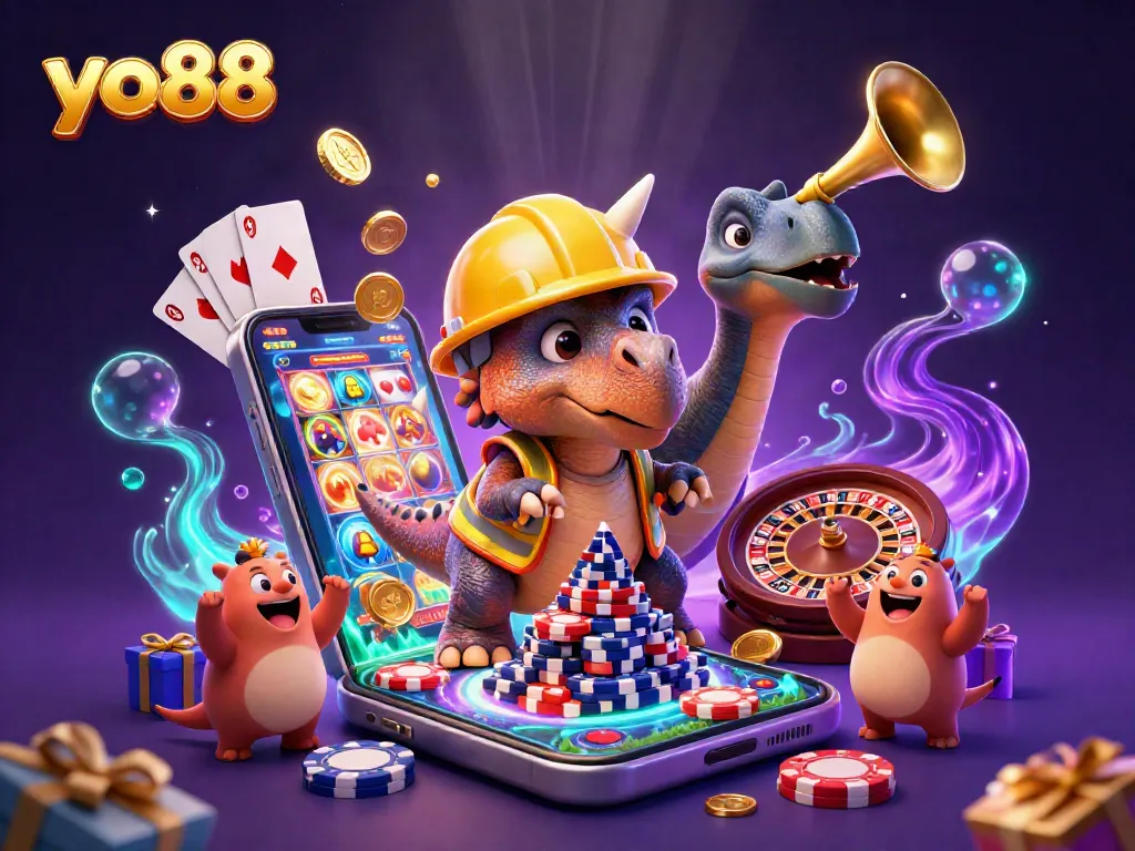 Join the excitement at yo88 as a triceratops builds a poker chip pyramid in a vibrant casino scene.