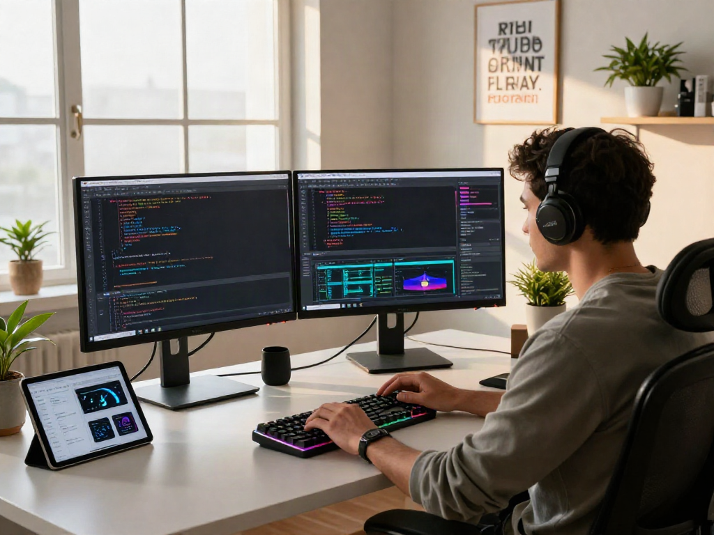 Software developer coding in a bright workspace focused on pecah404 performance optimization.