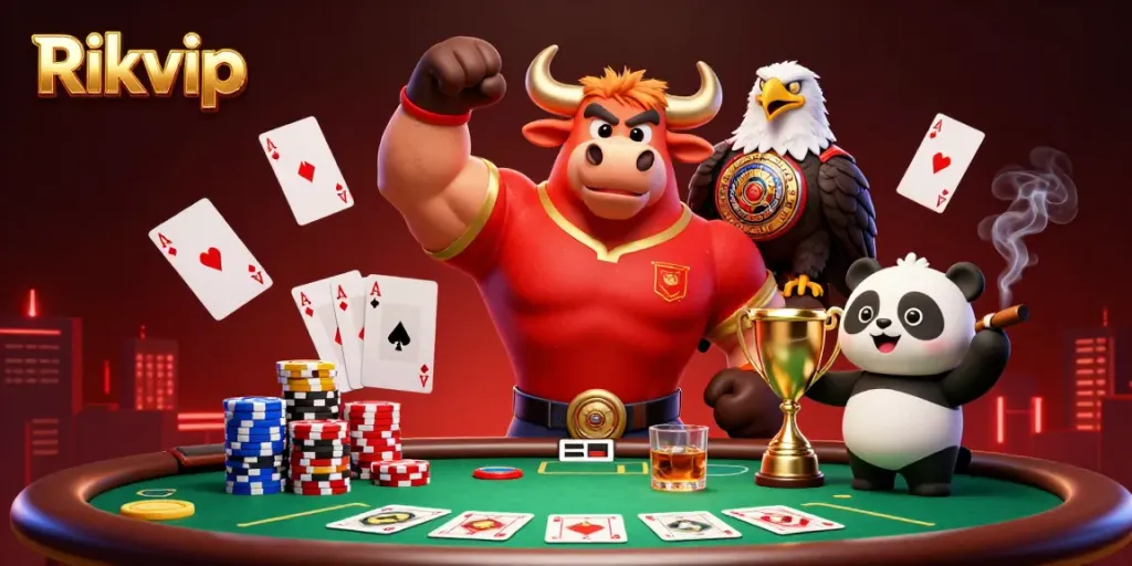 Rikvip bull mascot celebrates victory at a poker table full of colorful chips.