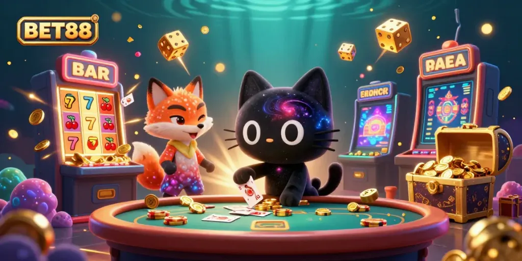 Experience excitement at BET88 with a black hole cat centered at a cosmic casino table, drawing in chips amid vibrant elements.