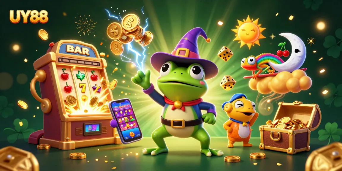 Experience UY88's casino excitement with a vibrant 3D illustration of game elements and characters.