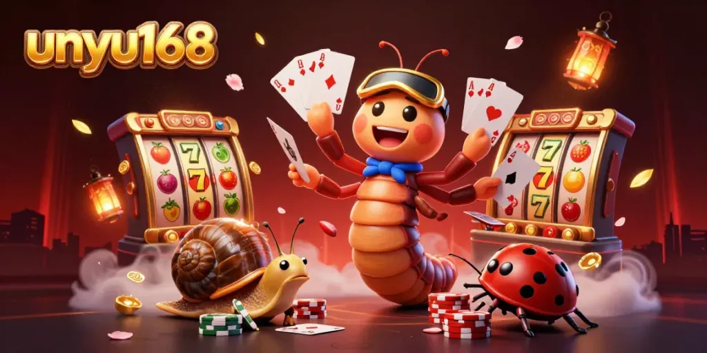 Unyu168, dealer kartun yang dinamis dan tumpukan chip saat permainan jackpot slot.