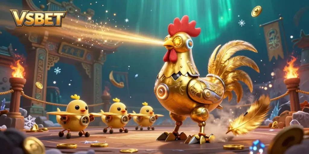 Winning big at VSBET with a dynamic scene featuring a futuristic golden rooster robot amidst immersive casino elements.