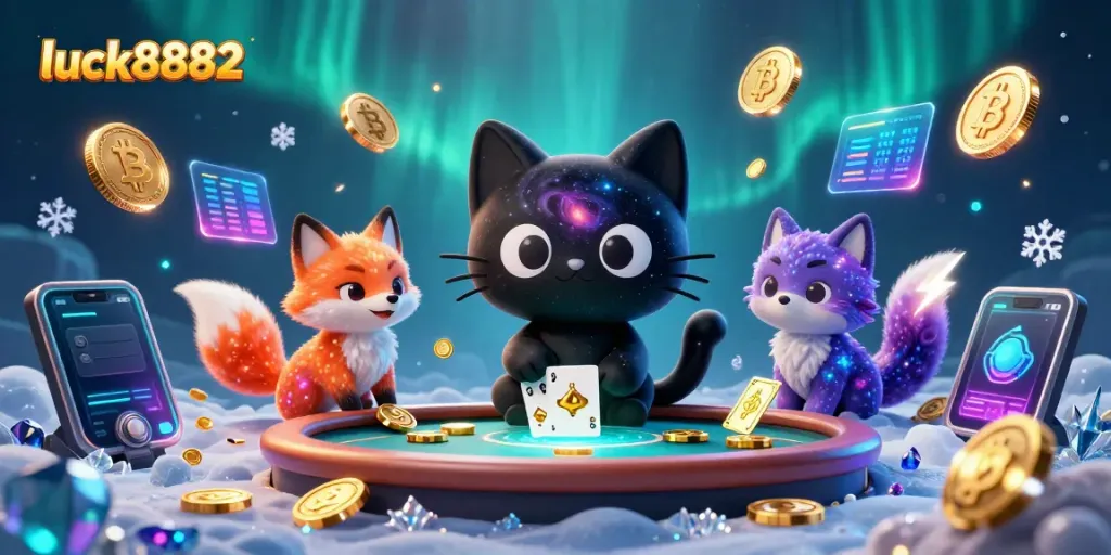 Watch the luck8882 cosmic casino scene featuring a black hole cat attracting golden chips and cards.