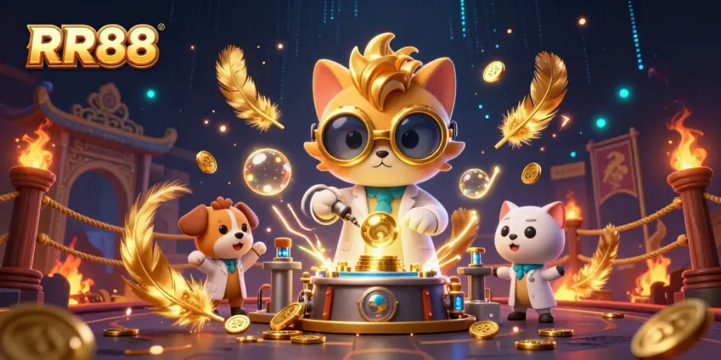Join the action at RR88 with a cartoon mad scientist cat and loyal dog amid golden treasures!
