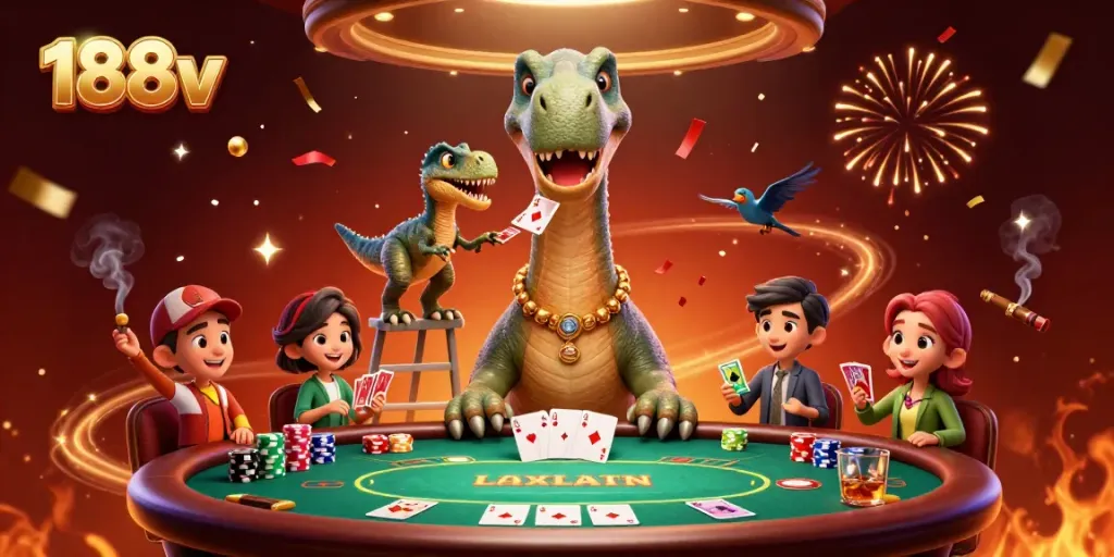 Experience thrilling moments at 188v with a vibrant casino scene featuring a massive dinosaur dealer.