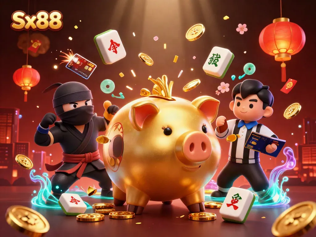 Celebrate gaming with Sx88 featuring a playful sumo wrestler, wallet ninja, and referee