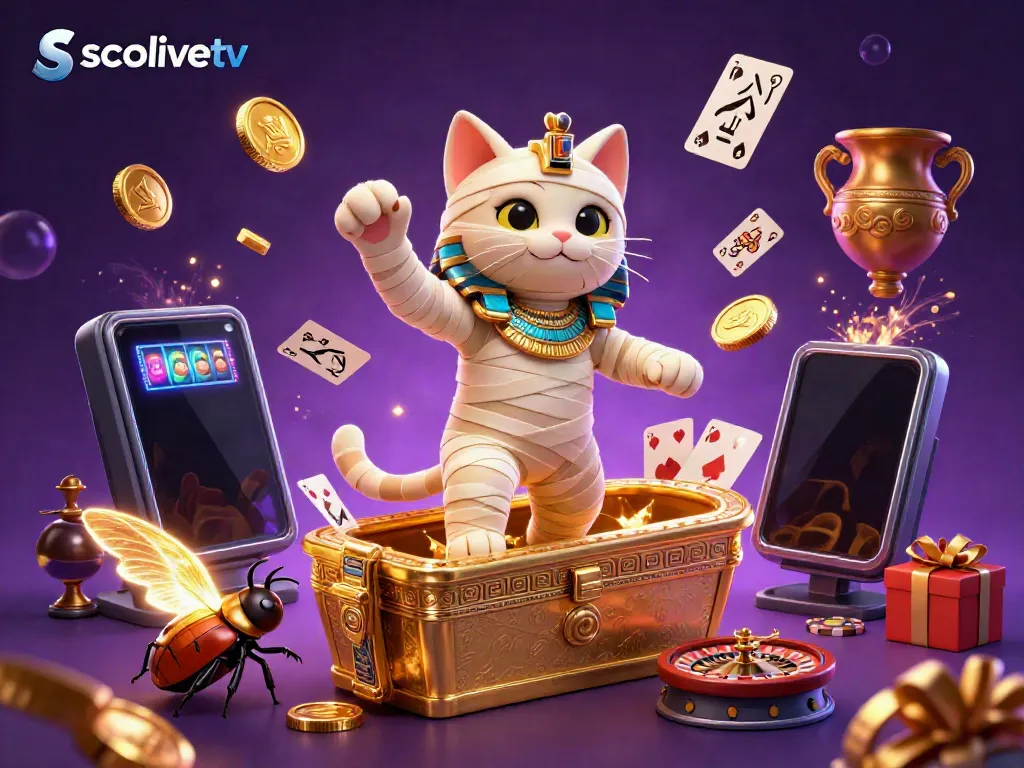 Experience exciting gameplay with socolivetv as a mummy cat and a beetle unveil vibrant slot machines in a casino scene.