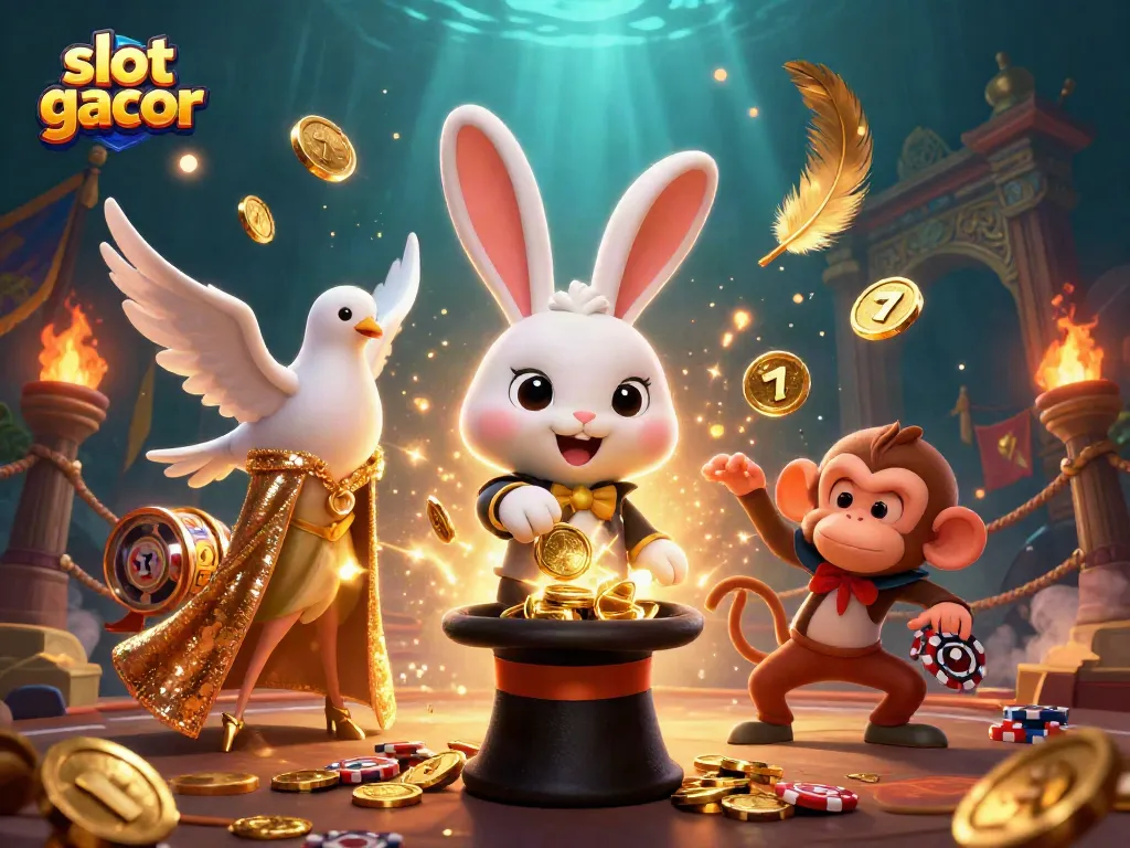 Experience slot gacor with a magical rabbit, dove, and monkey in a vibrant casino illustration.