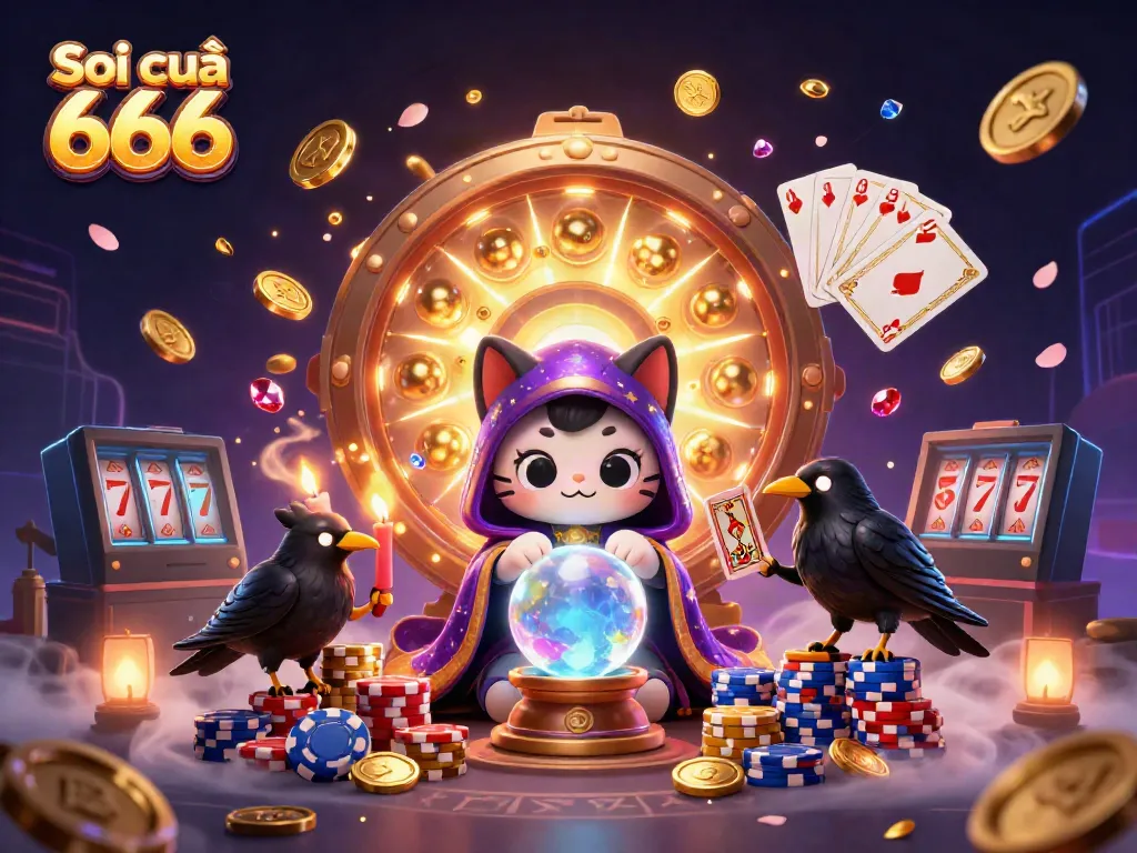 Engaging Soi cầu 666 illustration showcasing fortune teller cat, raven, and vibrant casino elements.