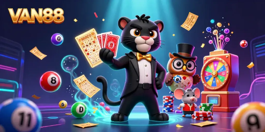 VAN88 showcases an engaging illustration of a stylish panther dealing cards, surrounded by vibrant lottery elements.