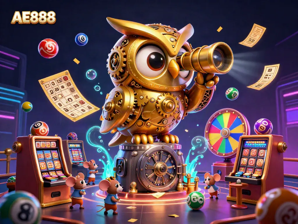 Engage with AE888's vibrant casino illustration featuring a golden owl, slot machines, and lottery balls.