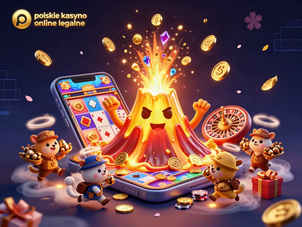 Spinning reels and thrilling wins at polskie kasyno online legalne with treasure-filled playful volcano scene.