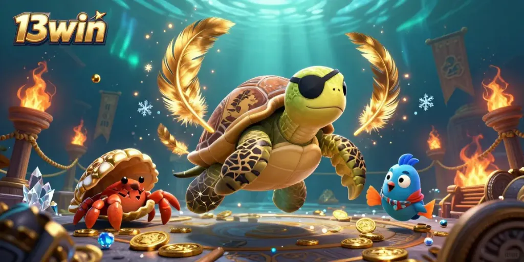 Engage with the thrilling world of 13win, featuring cartoon characters amidst an underwater treasure scene.