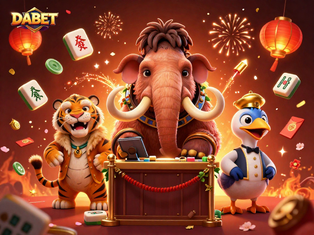 DABET invites players into an exhilarating casino scene featuring cartoon characters amidst dynamic gaming elements.