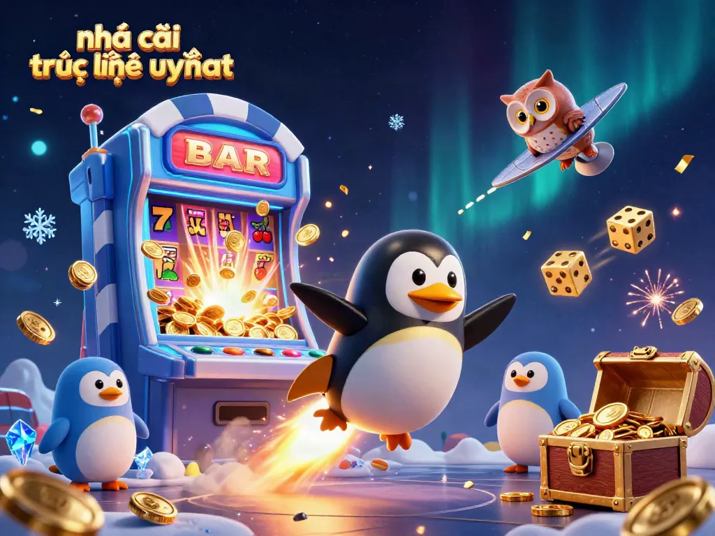 Experience the thrill of a nhà cái trực tuyến uy tín with a dynamic casino scene featuring 3D characters and vibrant gaming elements.