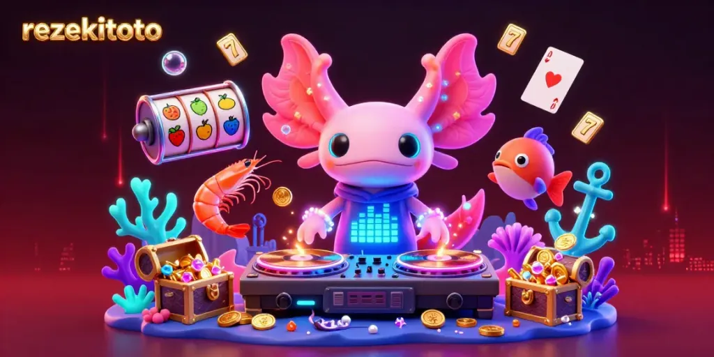 Engage with rezekitoto's vibrant underwater casino scene with slot reels and animated sea creatures.