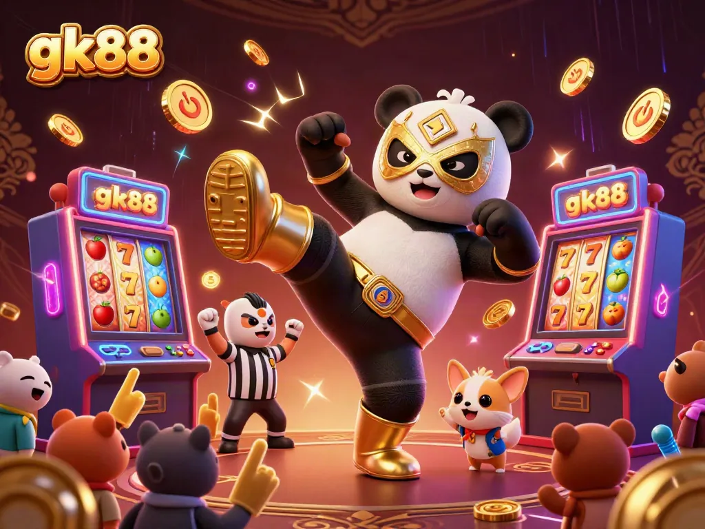 gk88 showcases a panda wrestler kicking in a vibrant casino scene with slot machines and cheering animals.