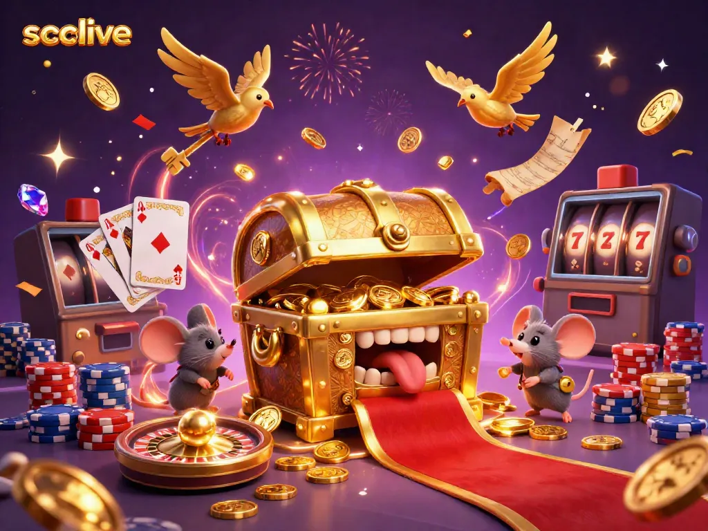 Experience the vibrant excitement of socolive with this lively 3D illustration of a treasure chest and gaming elements.