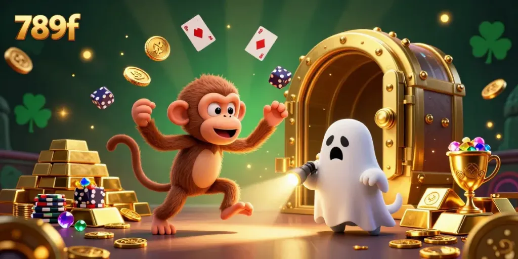 Experience the vibrant 789f casino world with a playful poltergeist monkey and ghost-hunter puppy in a haunted scene.
