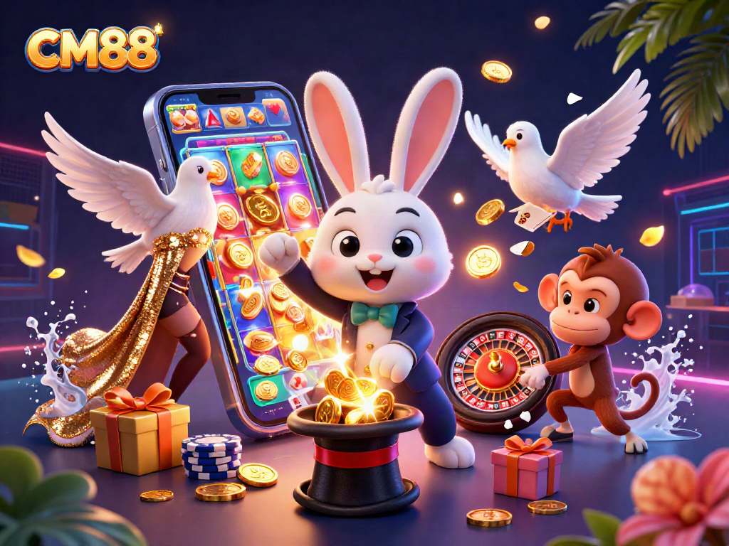 Join the excitement of CM88 with a magician rabbit and casino elements creating an engaging 3D scene.