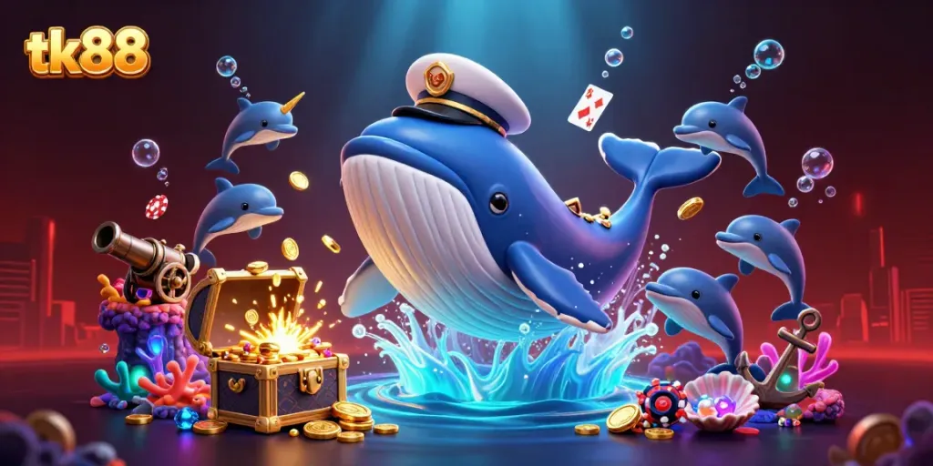 Play engaging games and win big at tk88, an imaginative illustration featuring playful sea creatures.