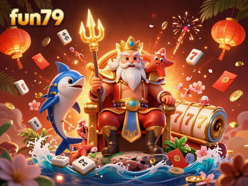 Experience the thrill of fun79 casino in a vibrant, festive scene featuring Neptune and exciting gaming elements.