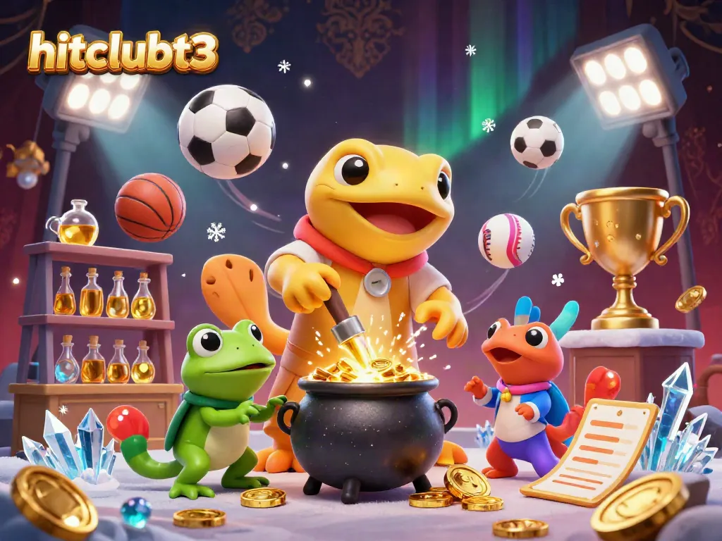 Join the excitement of hitclubt3 as golden coins and sports elements fly amidst a magical alchemist's lab.