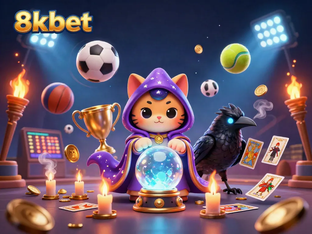 Players enjoy thrilling bets at 8xbet with vibrant visuals of a mystic cat and sports elements.