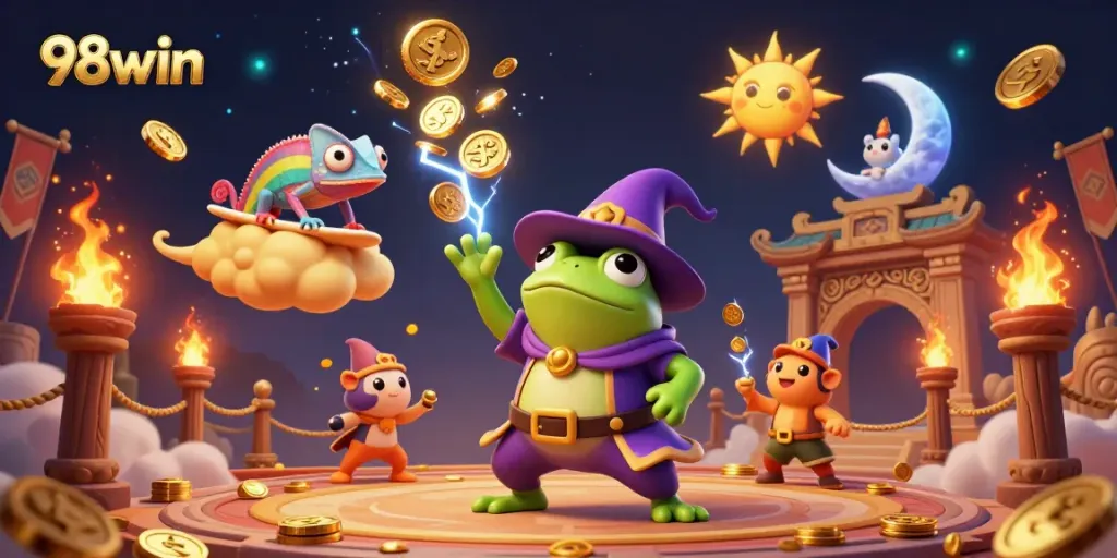 Experience exciting gaming moments with 98win’s vibrant 3D illustration showcasing golden storms and dynamic characters.
