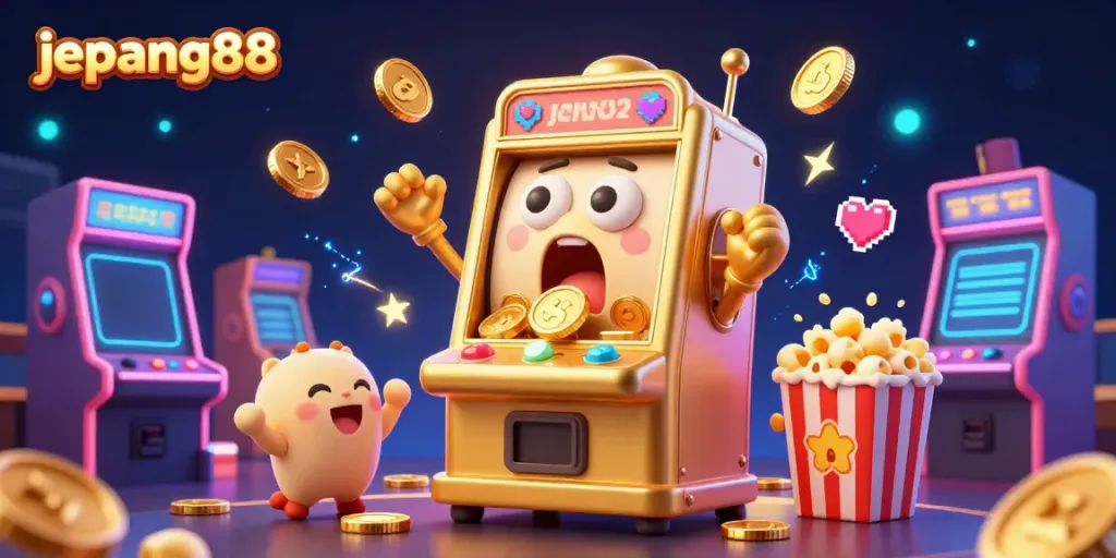 Win big with jepang88 as the golden slot machine celebrates its jackpot amidst a vibrant casino scene.
