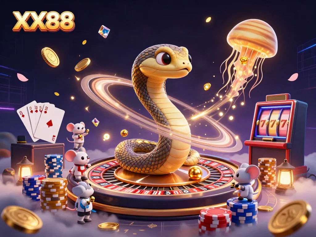 Feel the thrill of betting on XX88 with vibrant gaming elements and cosmic characters in this stunning illustration.