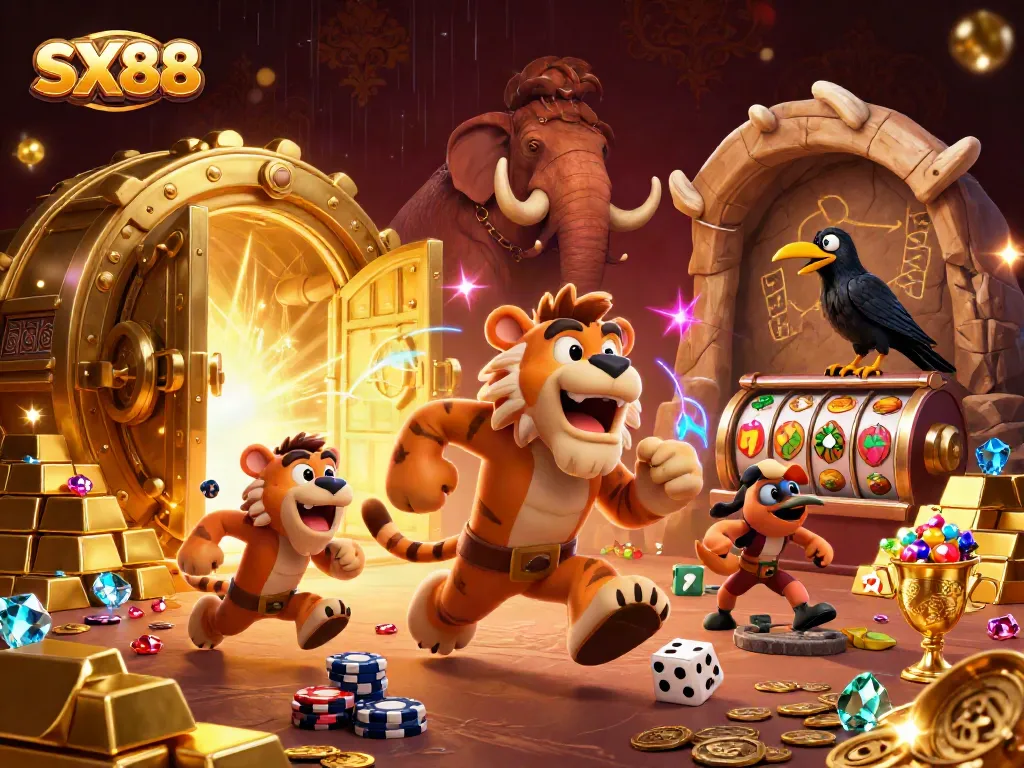 SX88 casino adventure with 3D caveman and tiger duo running a prehistoric game setup.