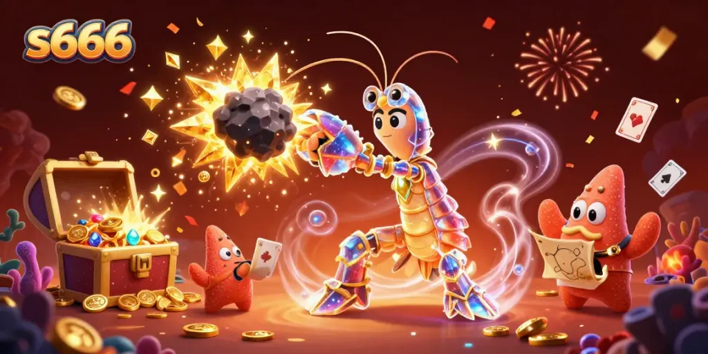 Engaging s666 themed illustration with playful characters and dynamic casino elements, perfect for gamblers.
